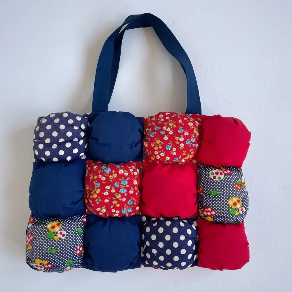 Vtg 70s Patchwork Cottagecore Bubble Bag Purse / Mushroom Polkadot Floral Unique